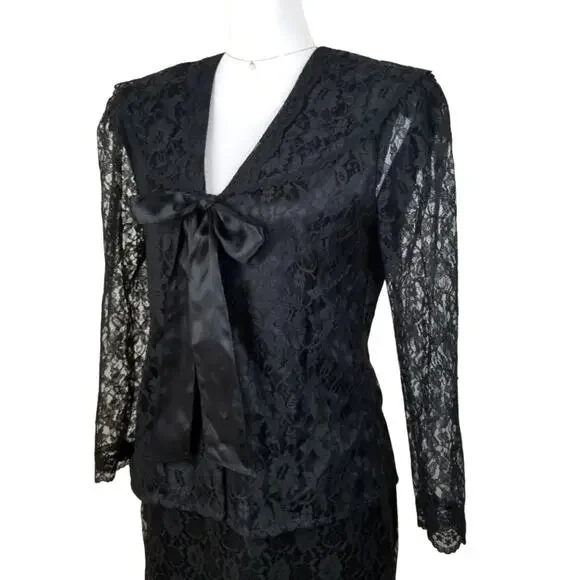 VTG 80s Gunne Sax Black Lace Jacket Skirt Suit M Whimsigoth Vamp Retro Pinup